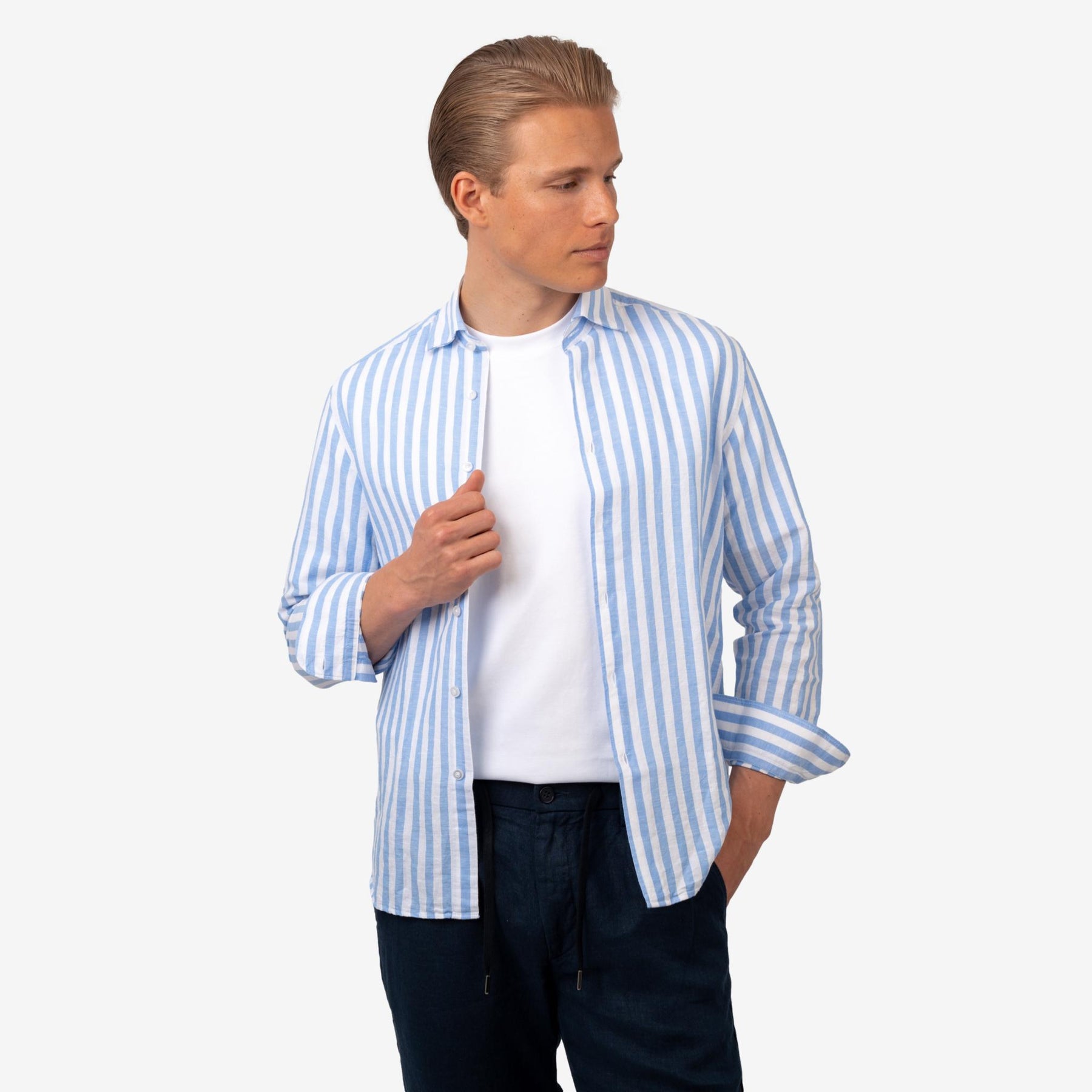Linen Shirt Striped Light Blue