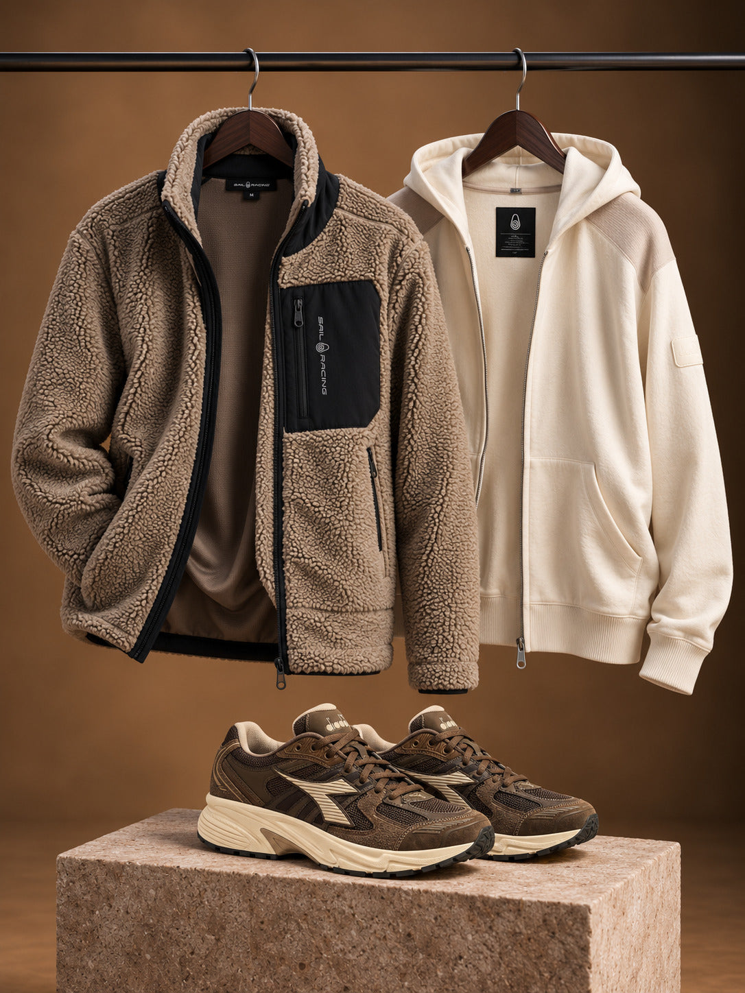 Antrekk: Pile-fleece jakke, zip-hoodie & sneakers