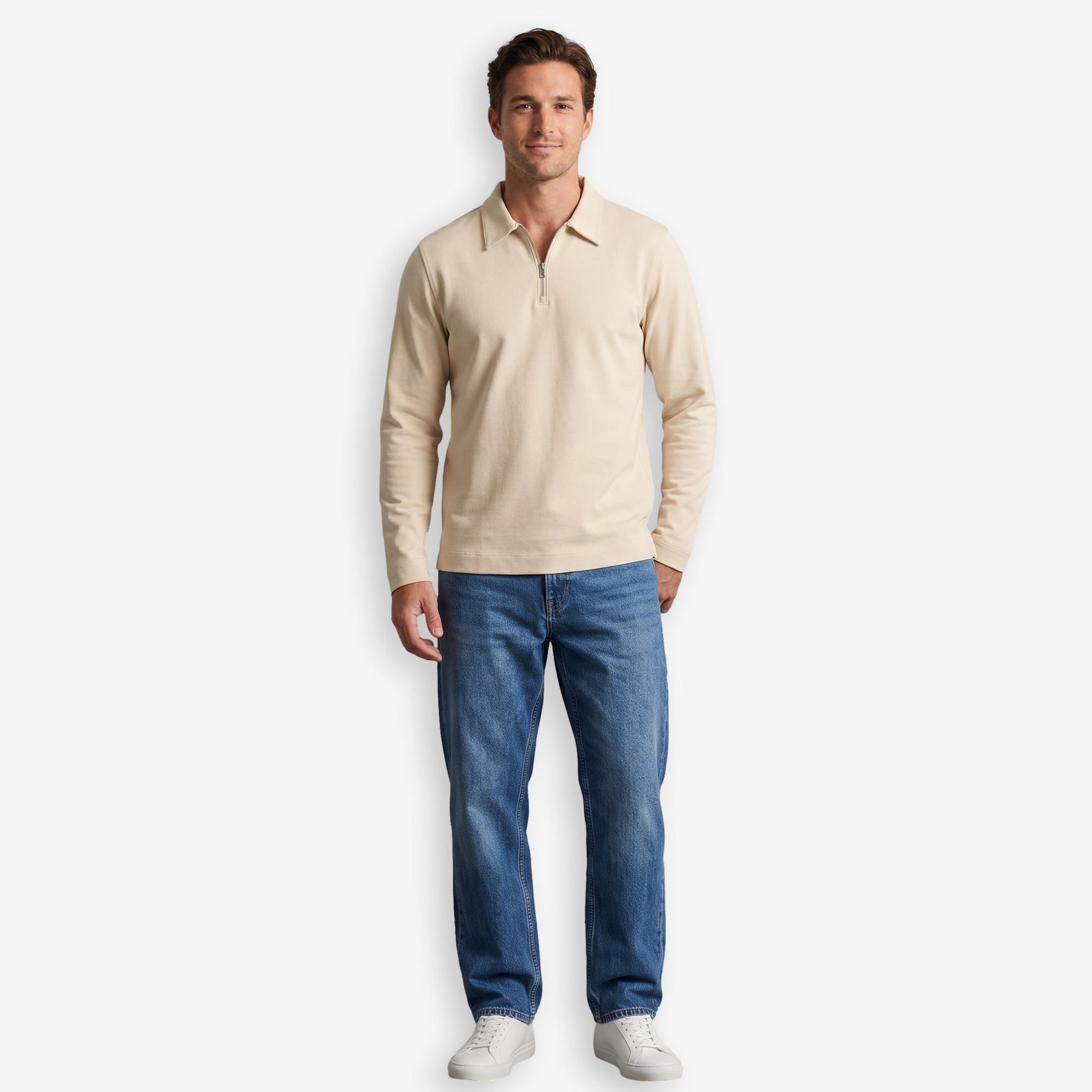 Zip Polo Long Sleeve Sand