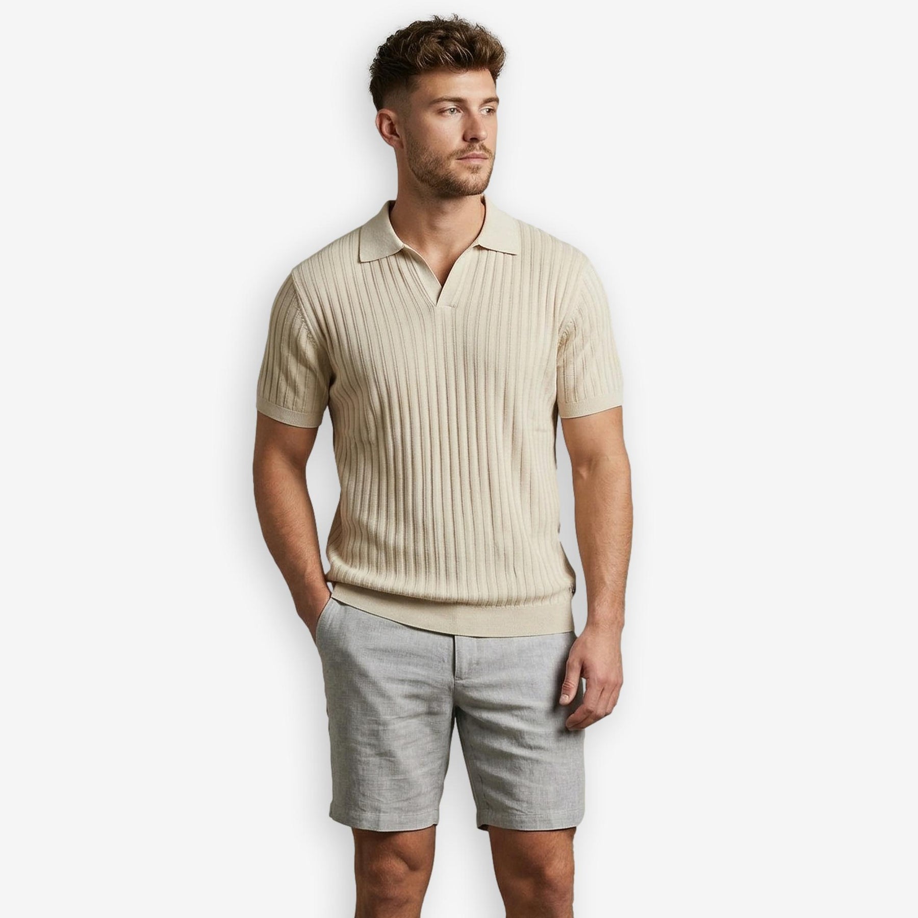 Ip Knitted Short Sleeve Polo Champagne Beige