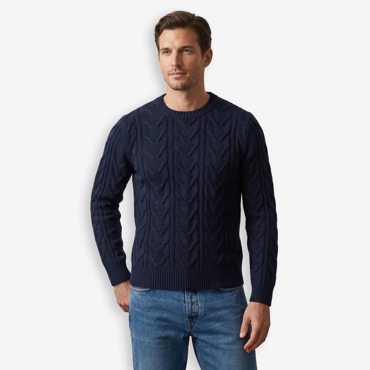 Iq Cotton Cable Crewneck Sweater Navy