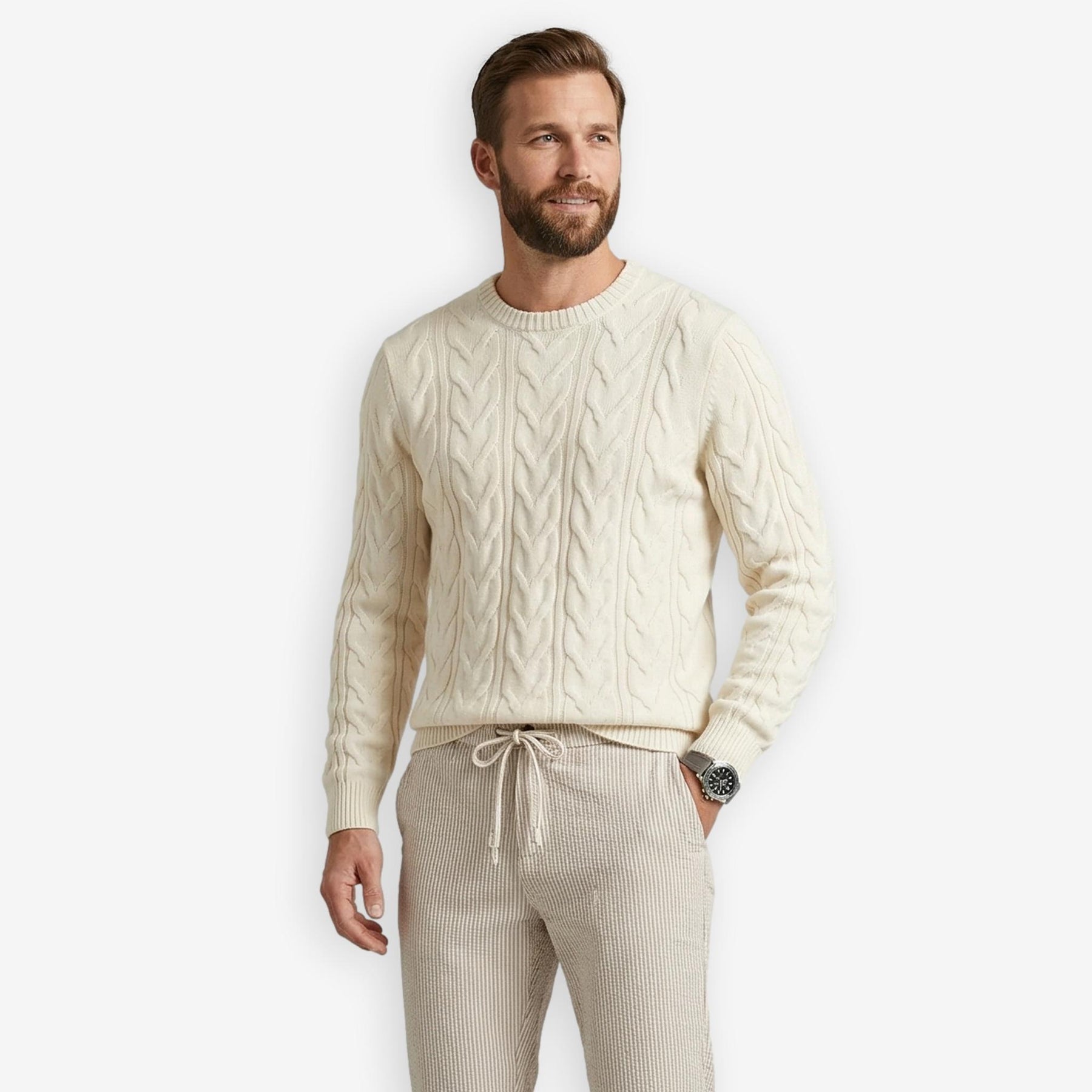Iq Cotton Cable Crewneck Sweater White