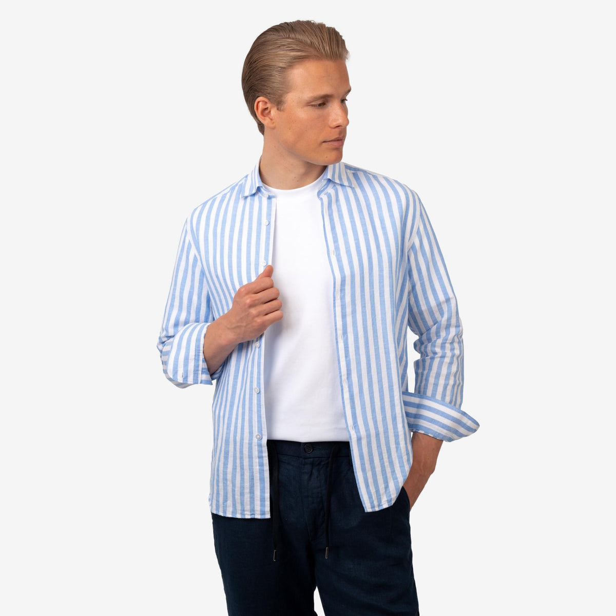Linen Shirt Striped Light Blue