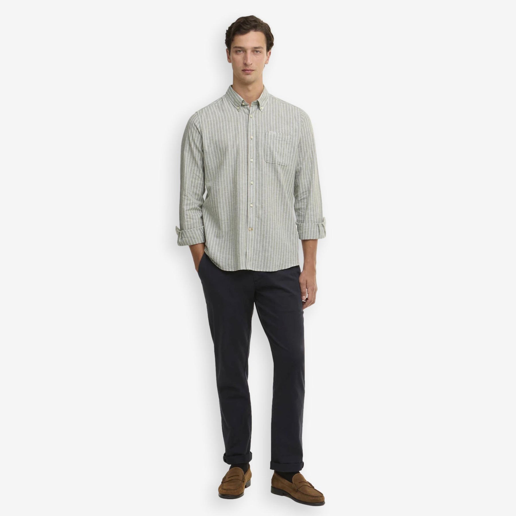 Nelson Striped Linen/Cotton Shirt Bleached Olive