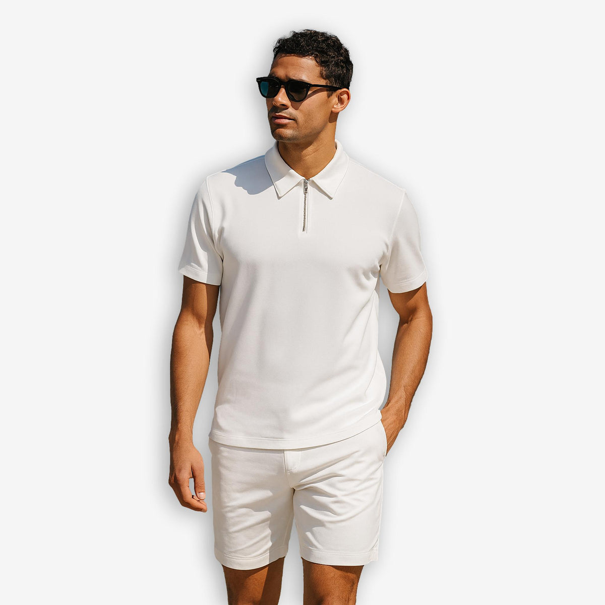 Jersey Zip Polo Short Sleeve White