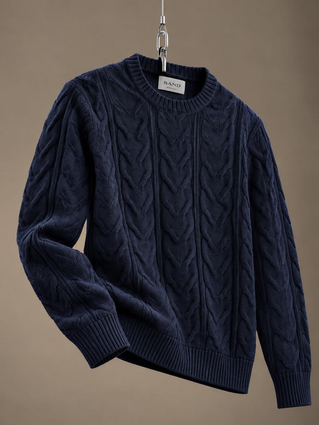 Iq Cotton Cable Crewneck Sweater Navy