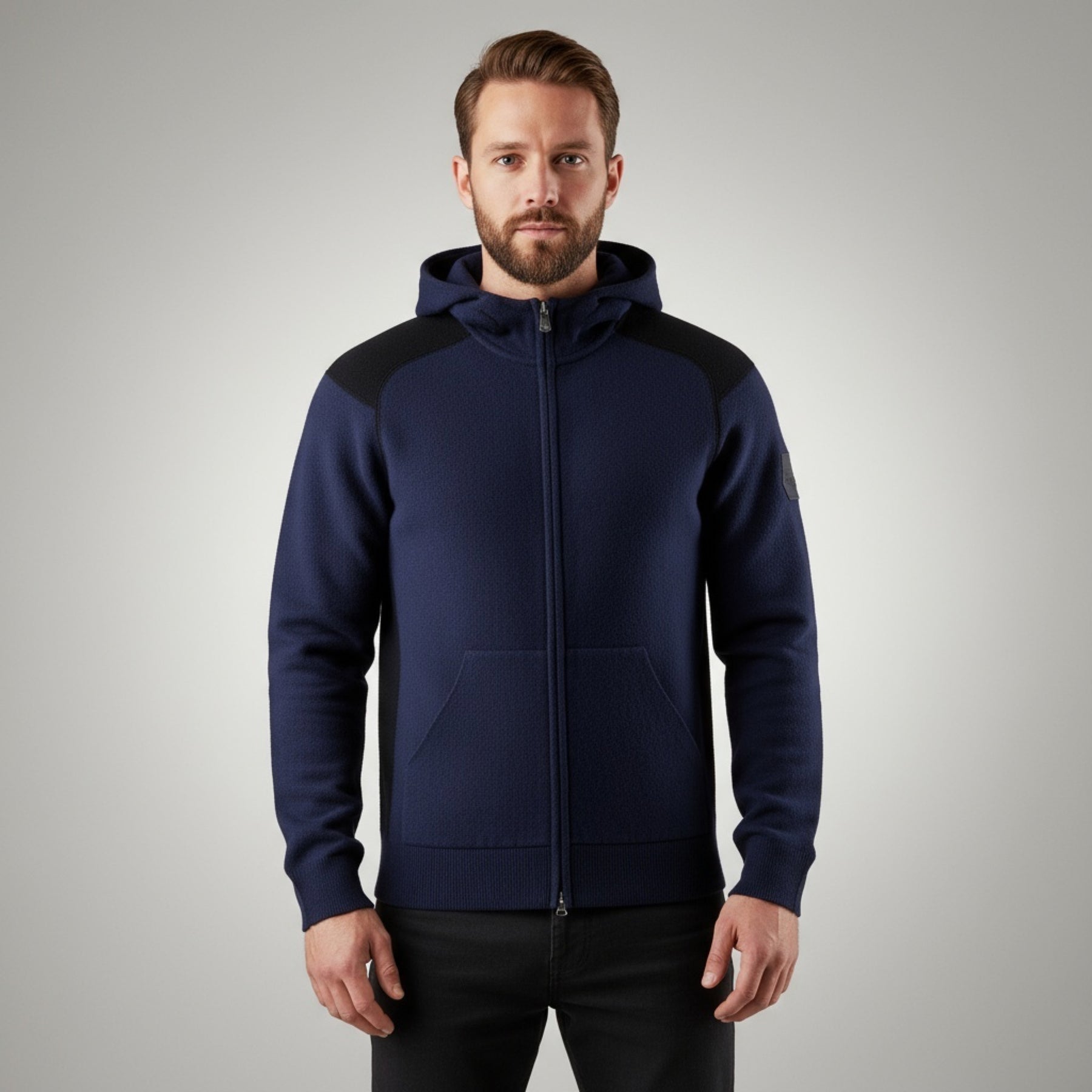 Spine Knitted Merino Zip Hood Dark Navy